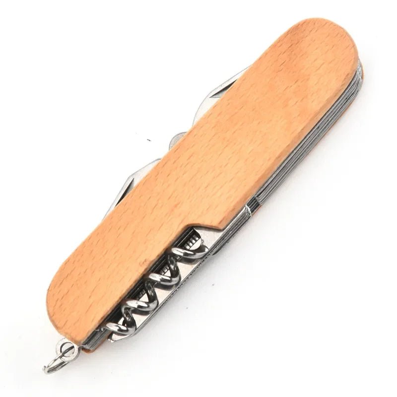 11 - in - 1 Folding Swiss Knife Wooden Handle EDC for Camping - The PeakTrail