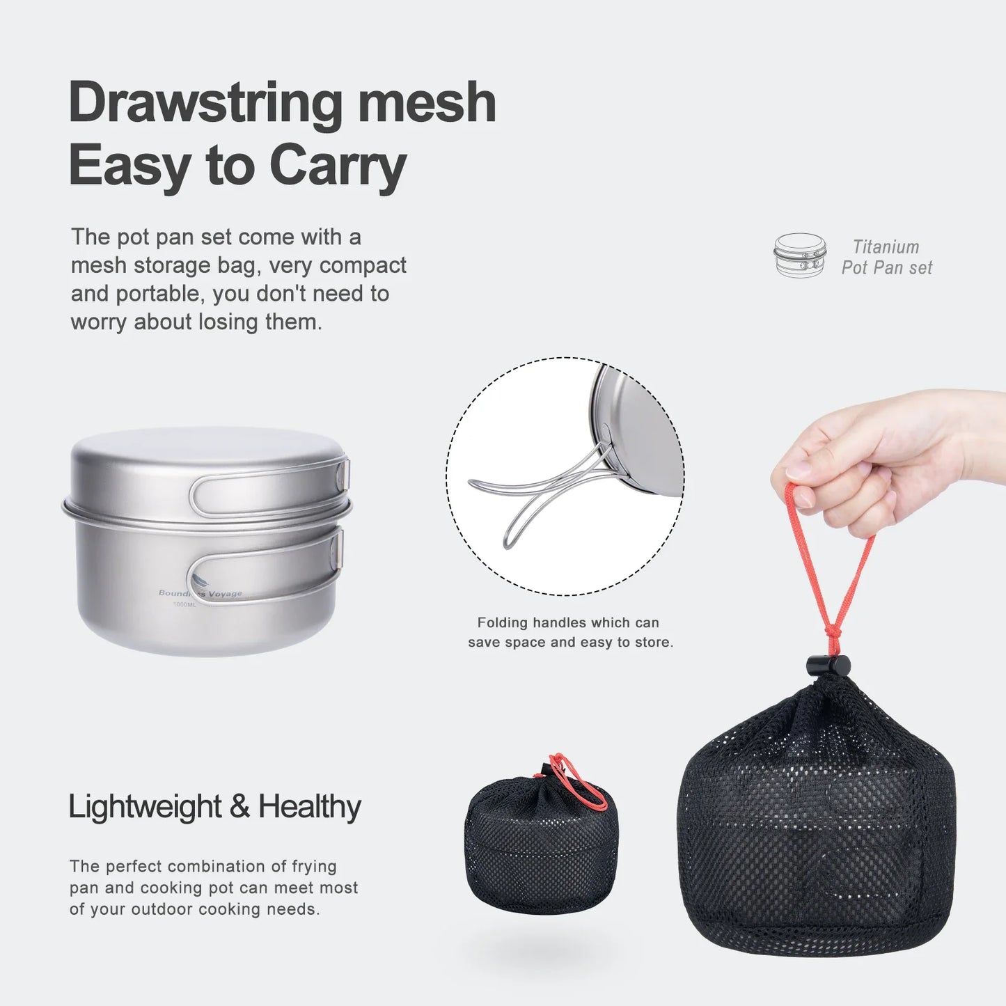 Titanium Camping Cookware Set Pot and Pan with Folding Handles