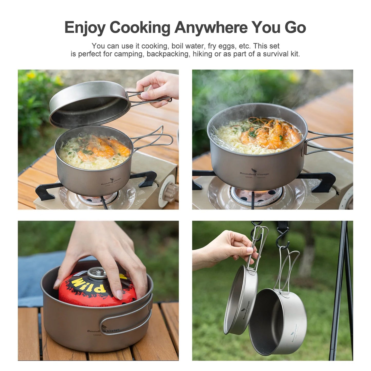 Titanium Camping Cookware Set Pot and Pan with Folding Handles