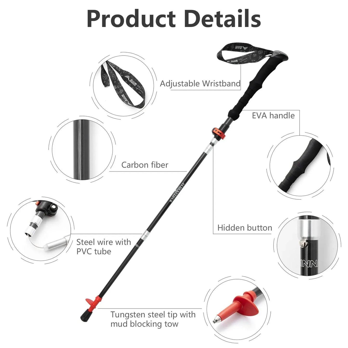 1 or 2 PCS Carbon Fiber Folding Trekking Poles Telescopic Lightweight