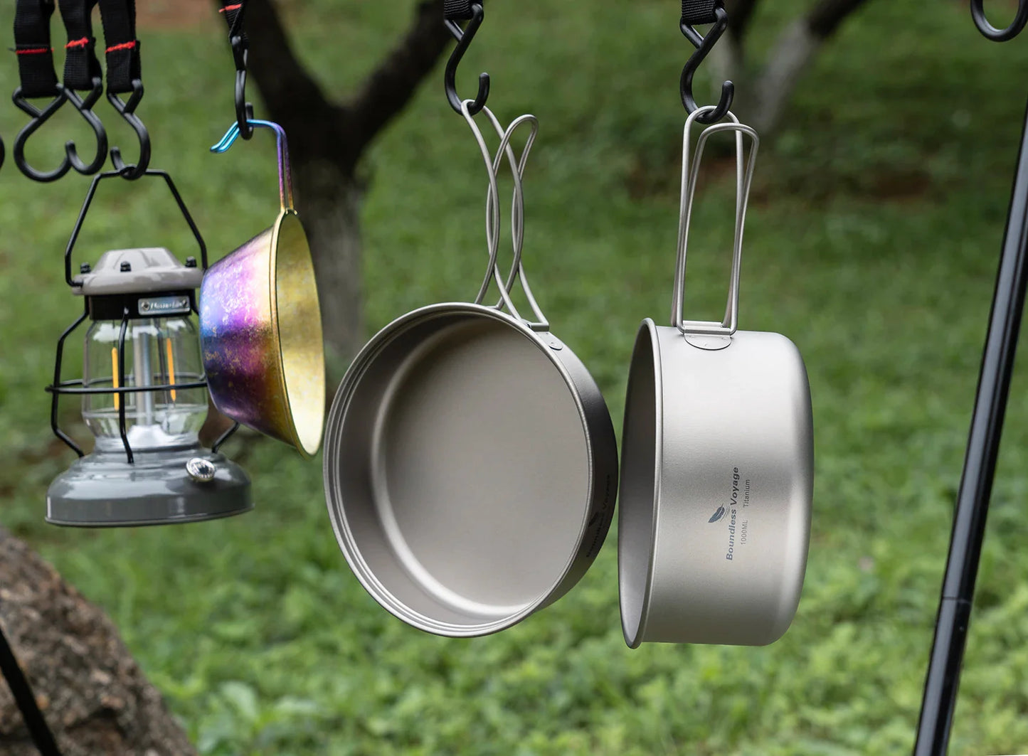 Titanium Camping Cookware Set Pot and Pan with Folding Handles