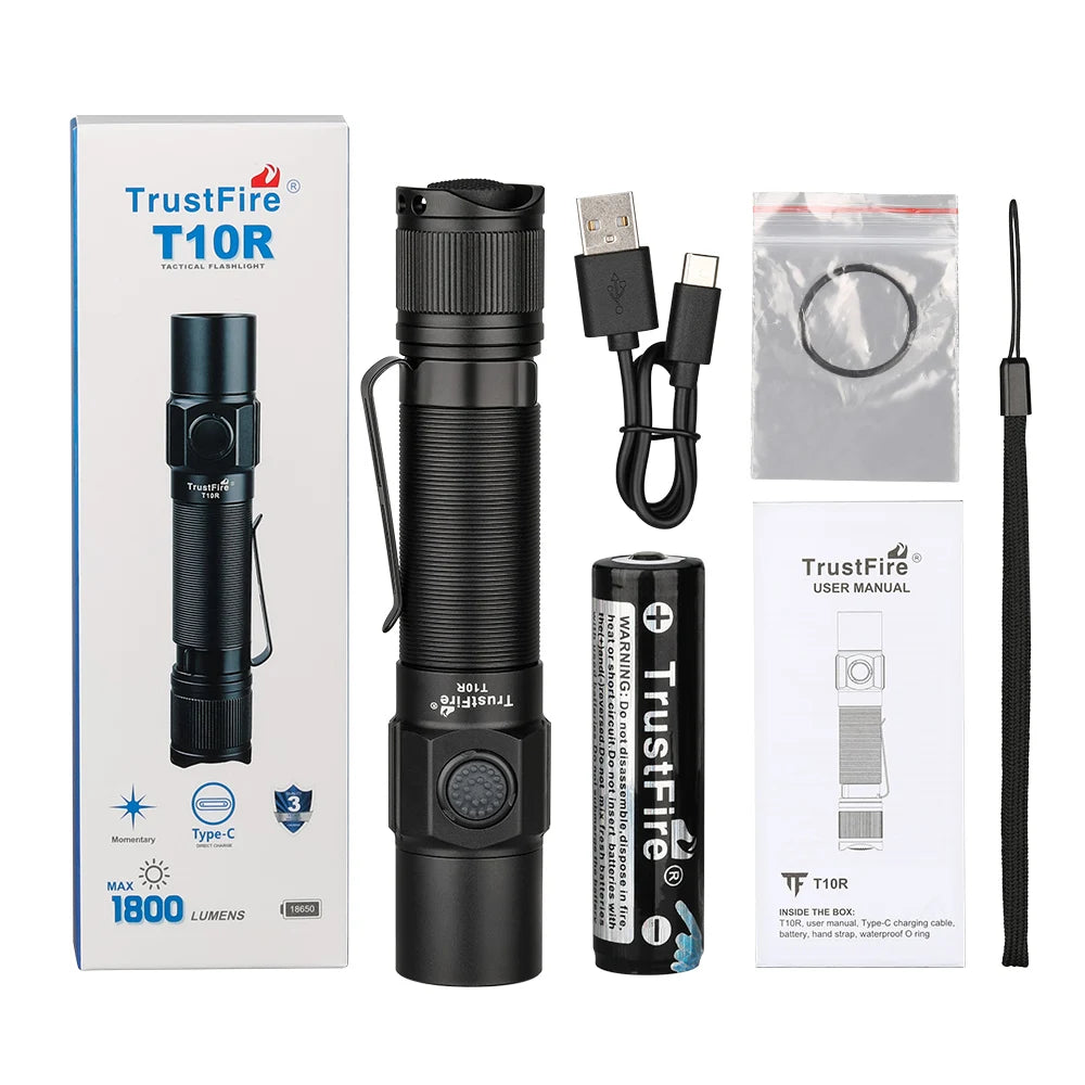 TrustFire T10R Tactical Flashlight – 1,800 lm, USB-C Rechargeable