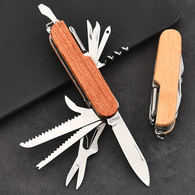 11-in-1 Folding Swiss Knife – Wooden Handle EDC Multitool for Camping & Survival