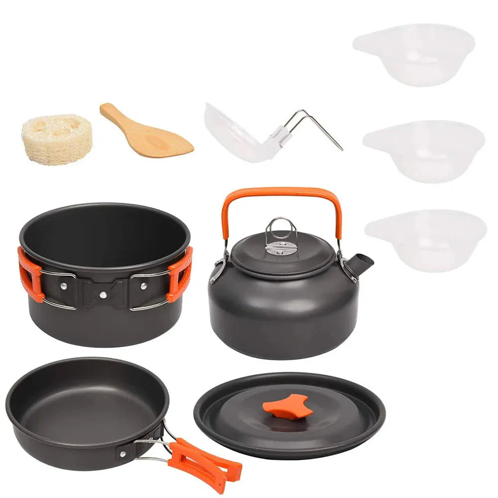 Camping Cookware Set 11-Piece Aluminum Pot Pan and Kettle