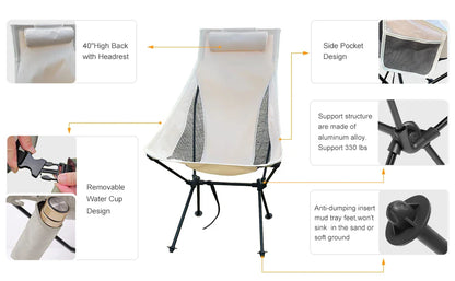 Folding Camping Chair with Headrest Aluminium Alloy Lightweight