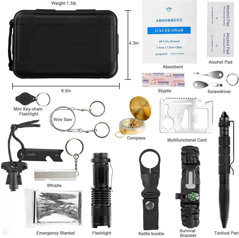 Camping Survival Kit Compact with Whistle Blanket Multitool