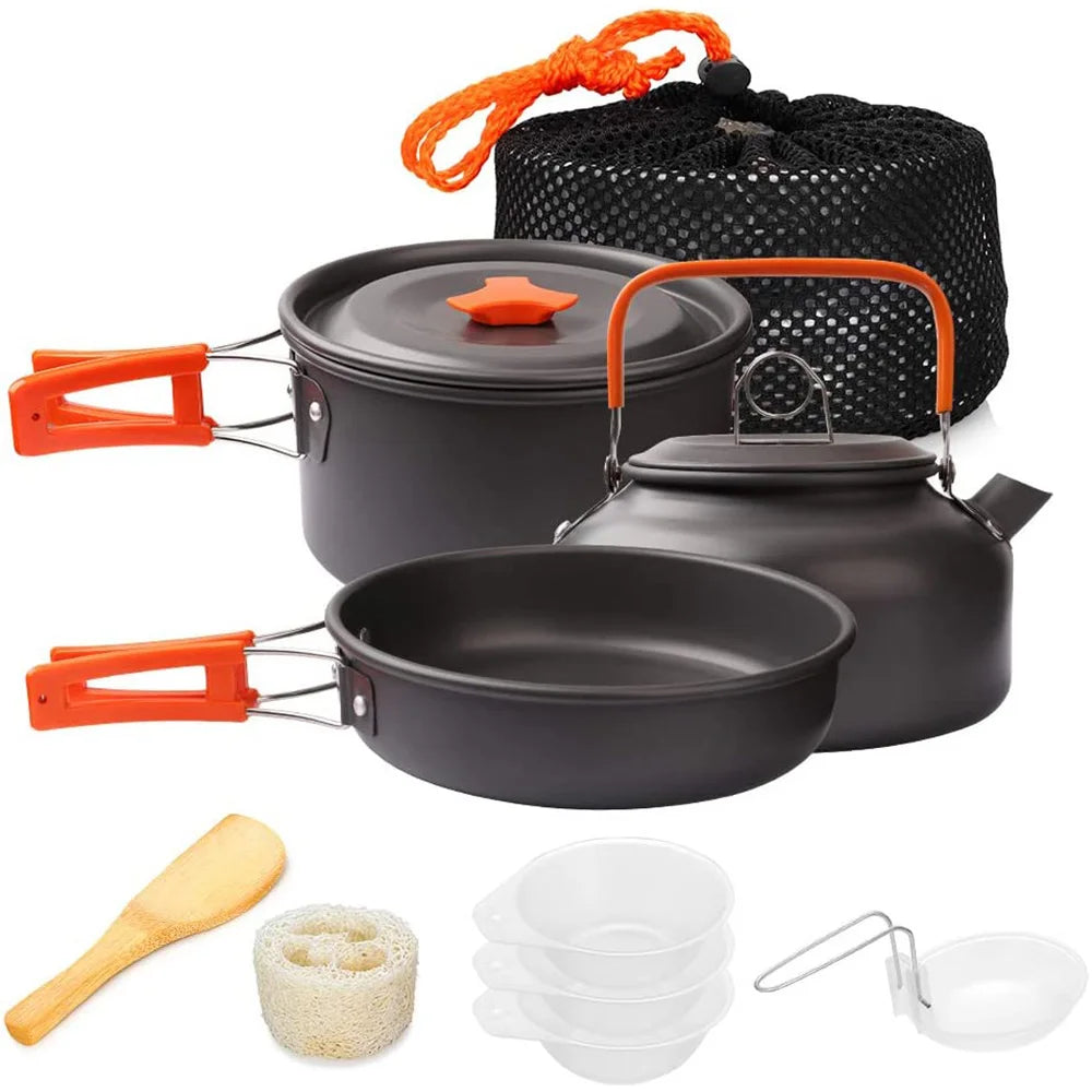 Camping Cookware Set 11-Piece Aluminum Pot Pan and Kettle