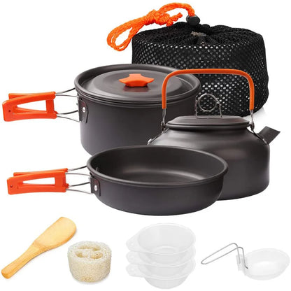 Camping Cookware Set 11-Piece Aluminum Pot Pan and Kettle