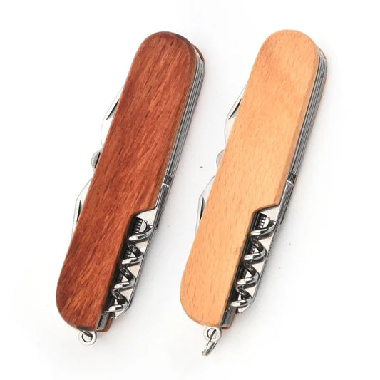 11-in-1 Folding Swiss Knife – Wooden Handle EDC Multitool for Camping & Survival