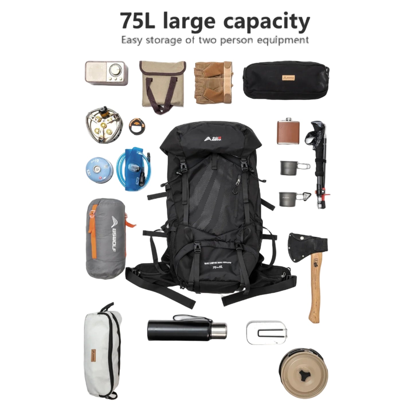70 L Hiking Backpack with Rain Cover Large Capacity