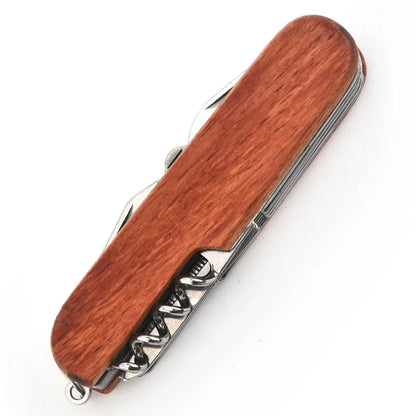 11-in-1 Folding Swiss Knife – Wooden Handle EDC Multitool for Camping & Survival