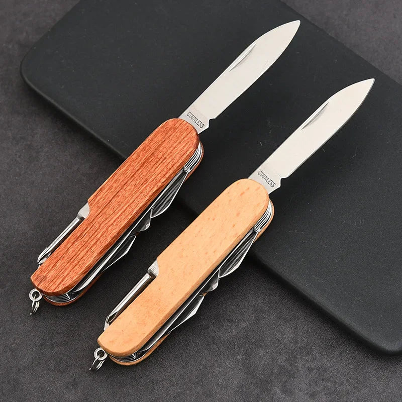 11-in-1 Folding Swiss Knife – Wooden Handle EDC Multitool for Camping & Survival